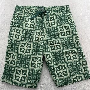 Parish Nation Shorts Men's Sz 38 Green Linen All Over Print Flat Front 12"